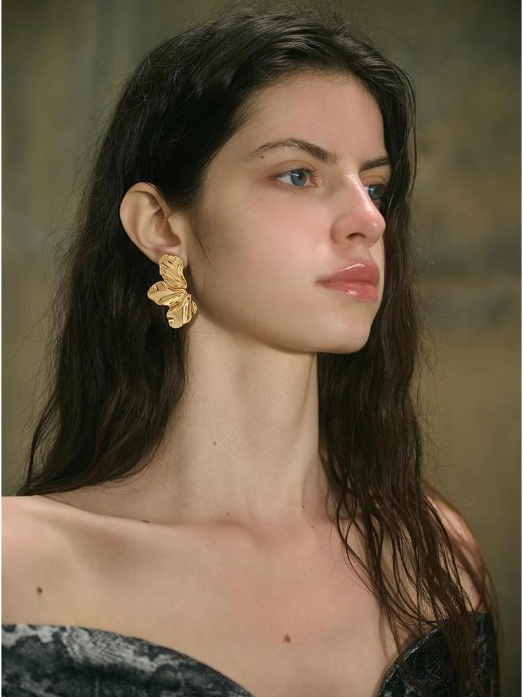 FAUTHENTICUTE Chunky Gold Statement Earrings For Women Gold Plated Sectored Flower Leaf Shell Angel Wing Earrings Large Stud Earrings Hypoallergenic Earrings - Image 3